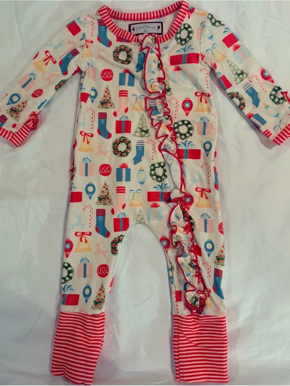 Sweet Honey adorable  Christmas Romper with ruffled butt sz 6 months like new